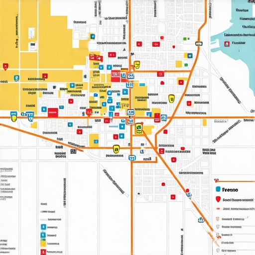 Map of Fresno highlighting multiple business locations with icons.