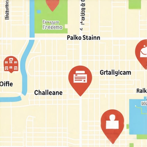 Fresno Local Map Optimization Illustration Map of Fresno with local business icons and SEO symbols.