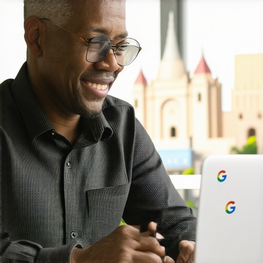 Business owner working on Google My Business profile with Fresno landmarks