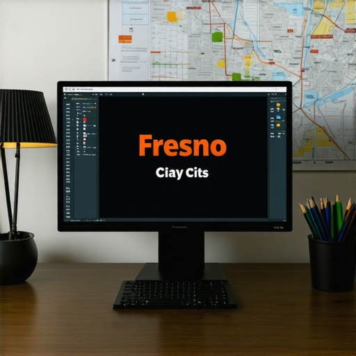 Workspace with SEO analytics tools and Fresno city map