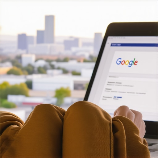 Person working on Fresno Google My Business profile on laptop with cityscape background.