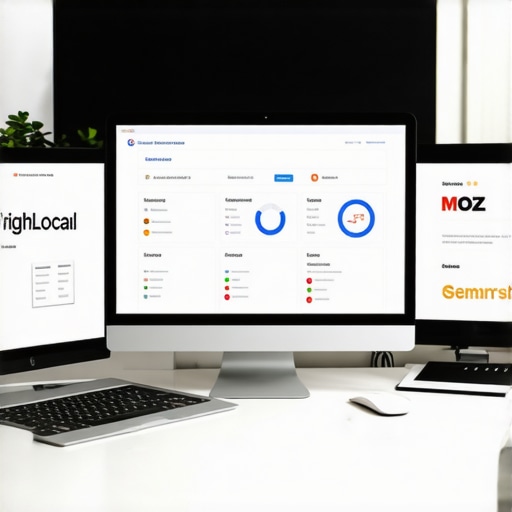 Essential Tools for Fresno Local SEO Screens displaying BrightLocal, Moz Local, and SEMrush dashboards in Fresno office