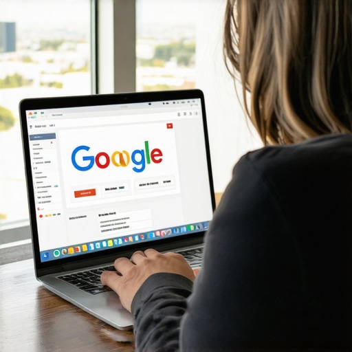 Fresno Business Owner Managing Maps Optimization Local Fresno business owner optimizing their Google Business Profile from a laptop with cityscape behind