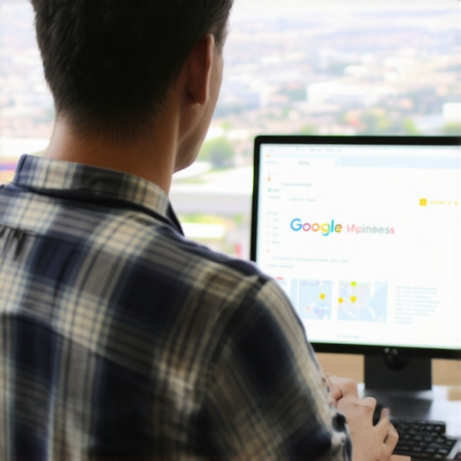Fresno business owner updating Google My Business profile on a laptop with cityscape background.