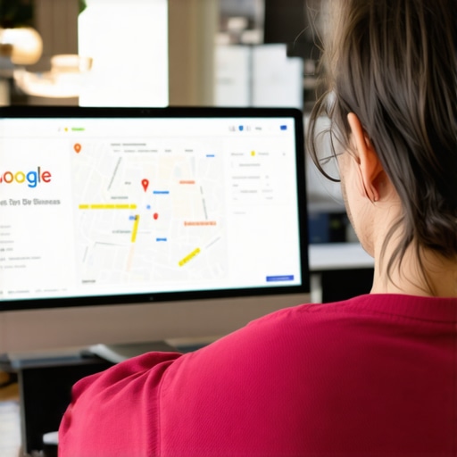 Business owner working on Fresno Google My Business profile on laptop, with maps and analytics on screen