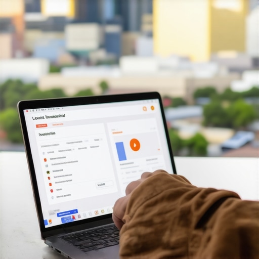 Fresno Local SEO Tools in Action A person managing Fresno SEO with software on a laptop with Fresno skyline in the background