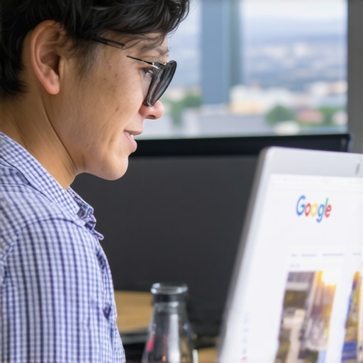 Business owner managing Google profile with Fresno city background