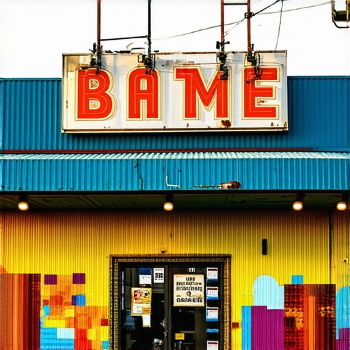 Colorful Fresno storefront with mural art and sunset sky