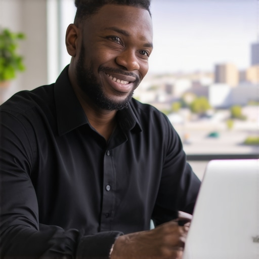 Business owner updating Google profile with Fresno city background