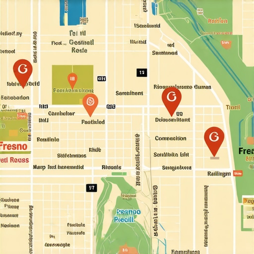 Illustration of Fresno map showing local search results and map pack rankings.
