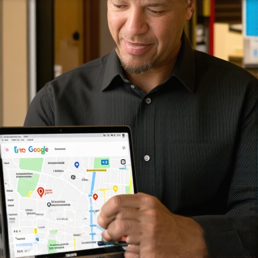 Business owner working on Google Maps profile with Fresno storefront in the background.