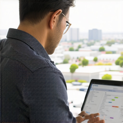 Business owner reviewing local SEO data with Fresno city skyline in background