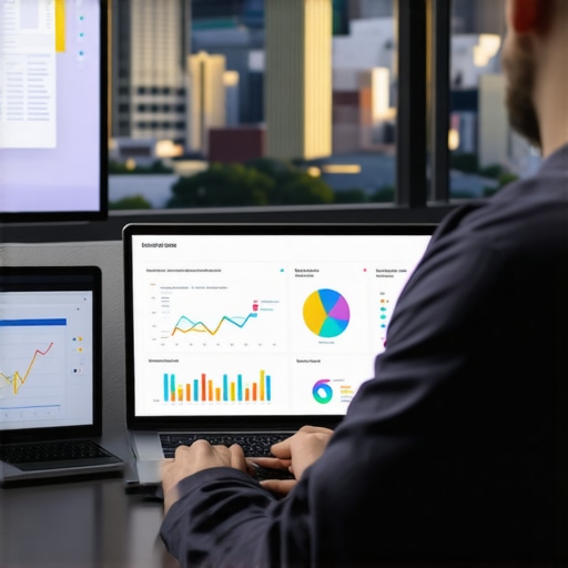A digital marketer reviewing Fresno's local SEO metrics on computer screens with the Fresno city skyline in the background.