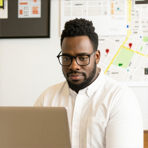 A person analyzing SEO dashboards with Fresno storefronts in the background.