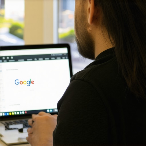Business owner updating Google profile with Fresno cityscape in background