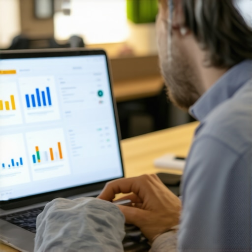 Fresno Business Owner Using SEO Tools An entrepreneur managing local SEO campaigns with various analytic charts on a laptop screen