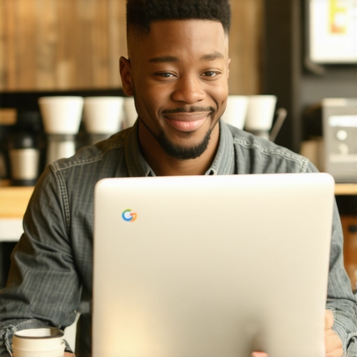 Local Fresno business owner at cafe working on laptop with Google My Business profile open