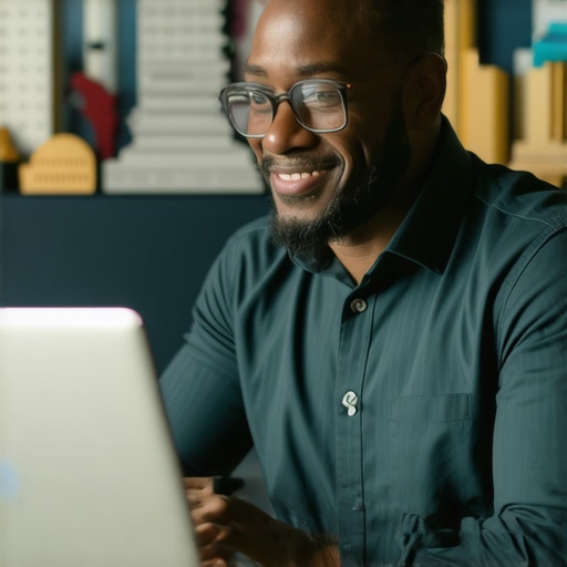 Fresno business owner enhancing online profile on a laptop with city landmarks