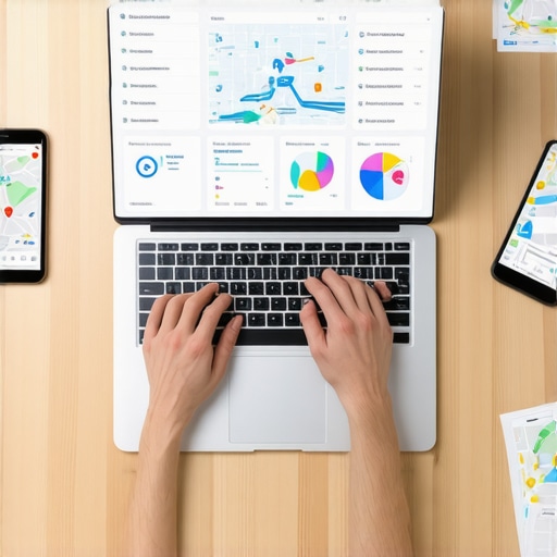 Person analyzing local SEO analytics on a laptop with maps and review management tools