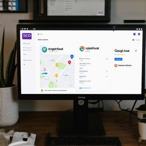 Computer screen displaying BrightLocal and Google Analytics with Fresno map in background.